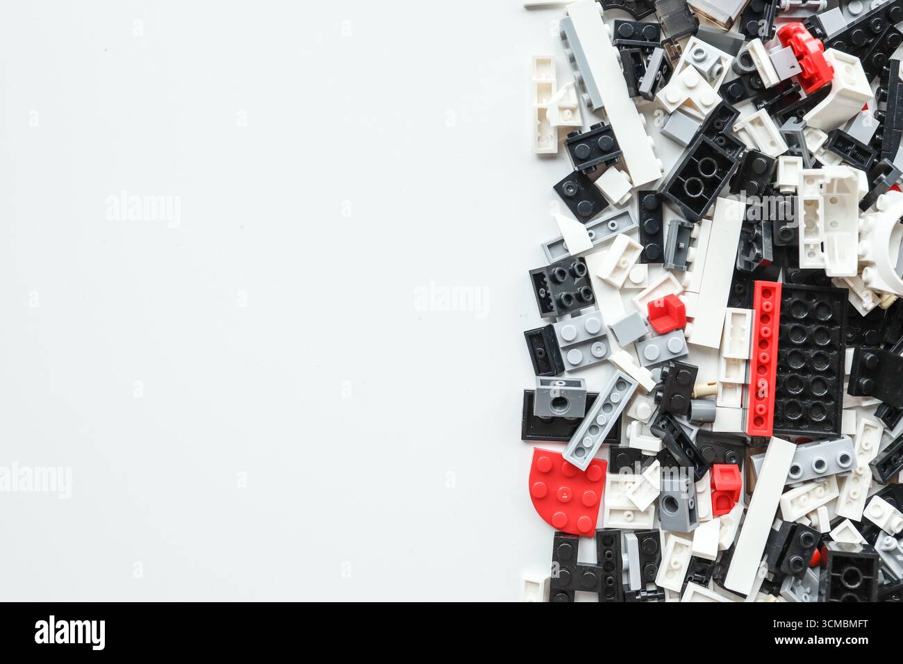 Wall from Plastic building blocks isolated on white background. Top view with copy space Stock Photo