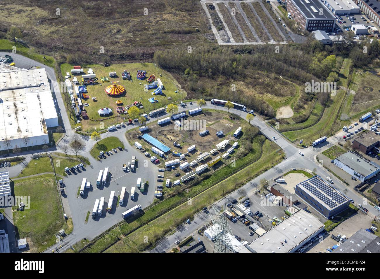 Aerial view, Circus Antoni winter storage at Ostermann Moebelhaus Centrum Witten, Fredi-Ostermann-Strasse in Ruedinghausen, Witten, Ruhr area, North R Stock Photo