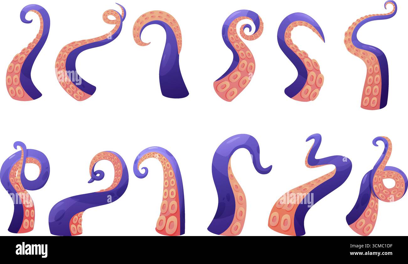 Octopus tentacles. Cartoon tentacle various positions, underwater ...