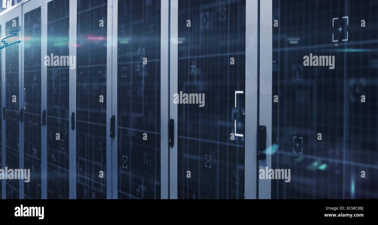 Displaying server cabinets receding through data center corridor, with blinking LED scan overlay Stock Photo