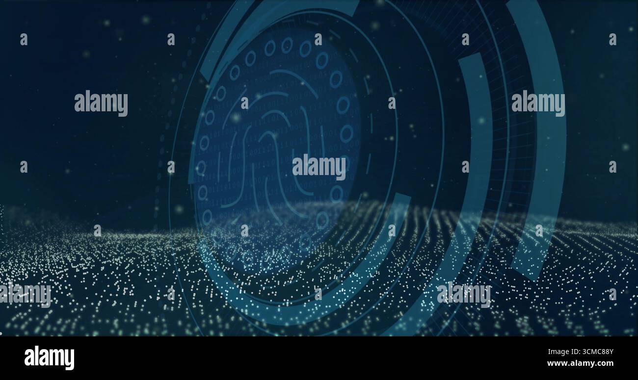Displaying round data interface hovering in navy digital space with rings, fingerprint and dot grid Stock Photo