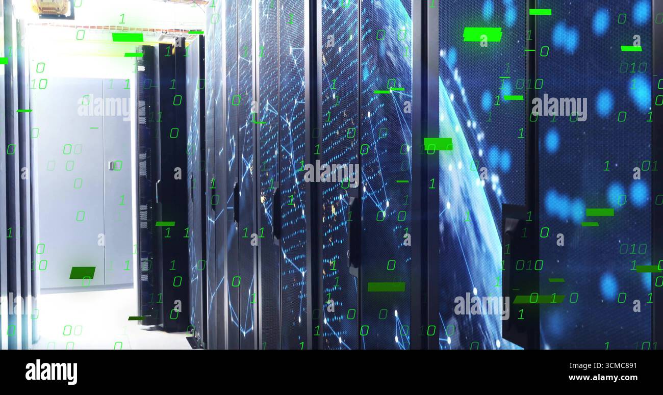 Displaying server racks projecting network holograms at data center, with LED indicators Stock Photo