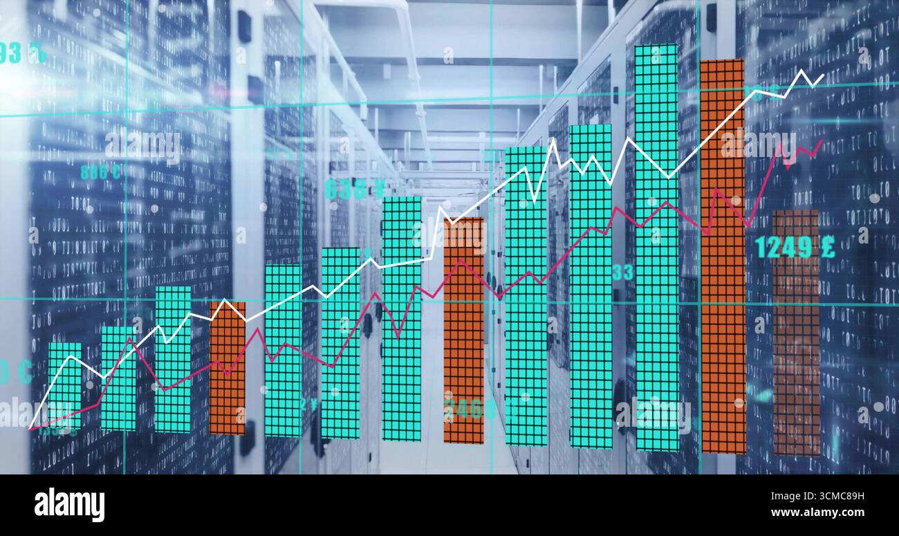 Displaying colored bar chart rising across data center corridor, with ...