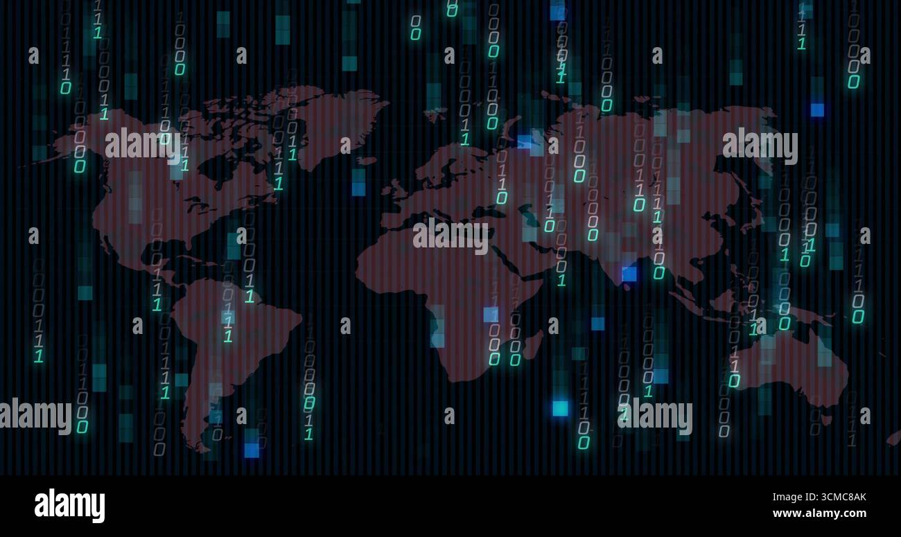 Displaying world map floating in abstract environment, with falling binary code and data blocks Stock Photo