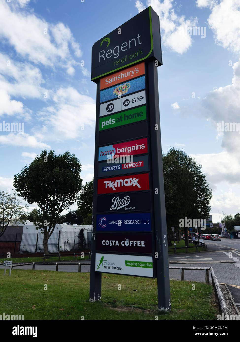 Salford, UK - September 12, 2025: Directory-style sign at Regent Retail Park displaying popular retailer brands in Salford Stock Photo