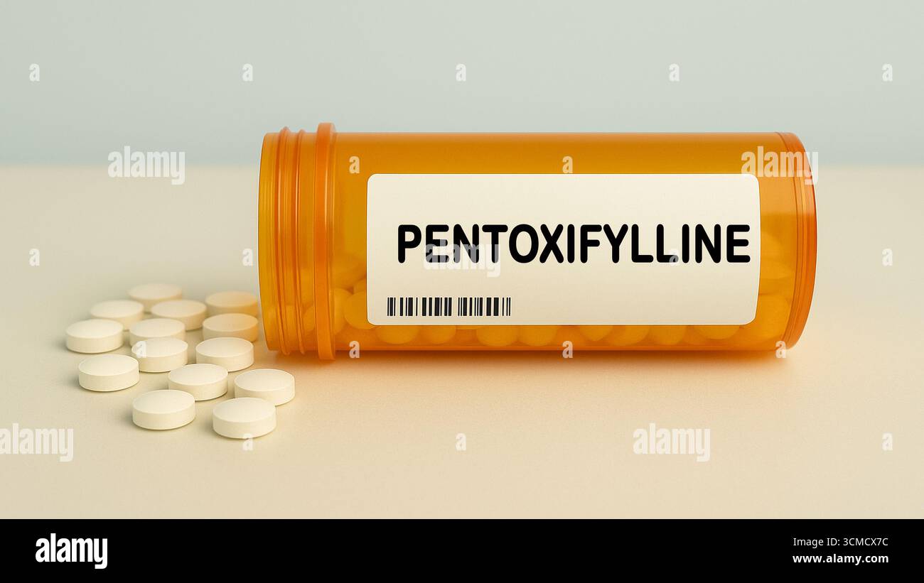 Box of PENTOXIFYLLINE tablets on a hospital pharmacy table used to improve blood flow in vascular disease a xanthine derivative. Stock Photo