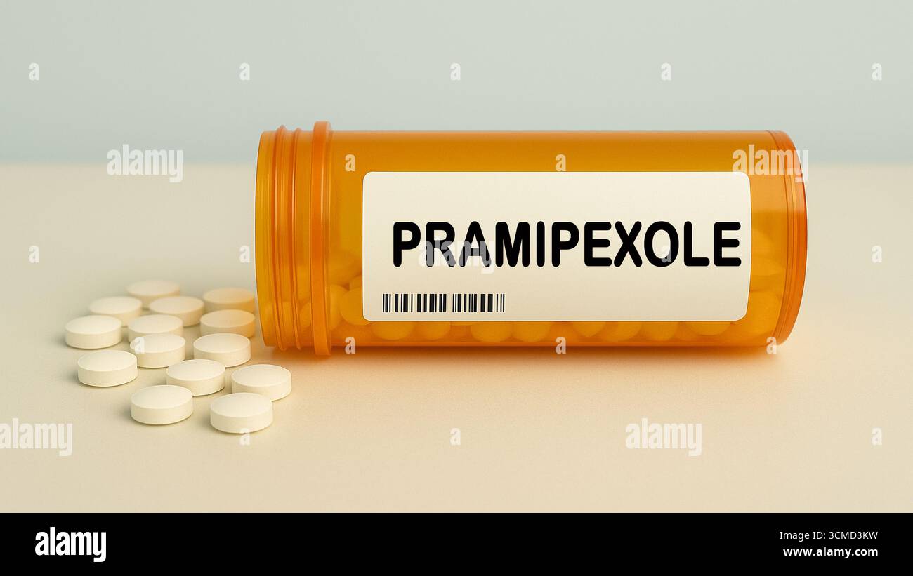 Box of PRAMIPEXOLE tablets on a hospital pharmacy table used to treat Parkinson disease and restless legs a dopamine agonist. Stock Photo