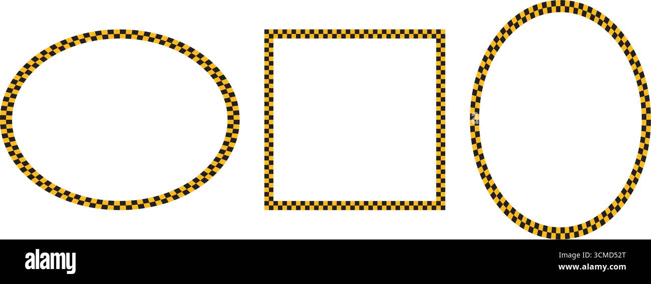 Oval and square frames with black and yellow chequered print. Vignettes with taxi checkered pattern, checkerboard, rally flag or chess game plane Stock Vector