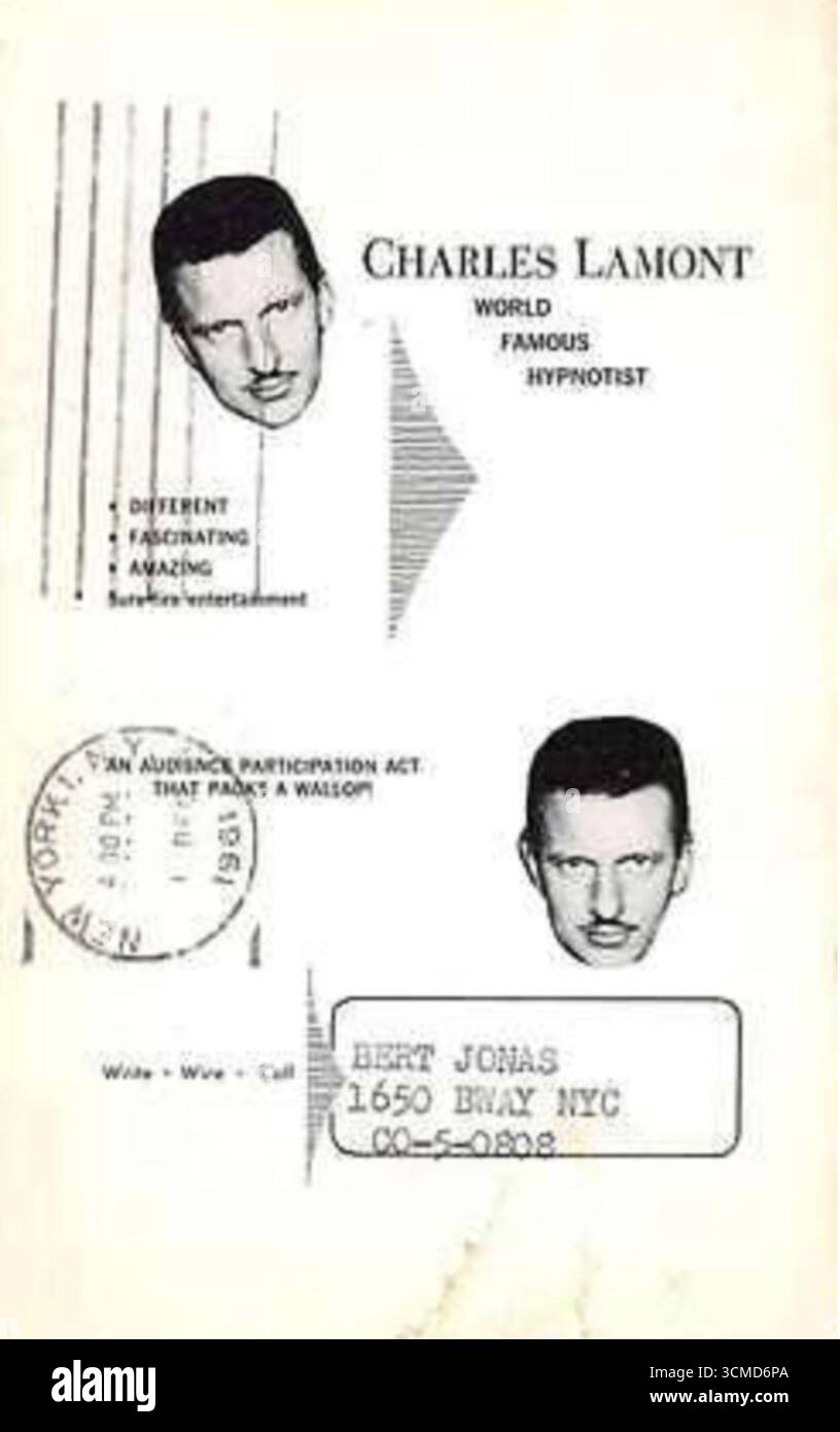 1961 Hypnotist Charles Lamont Advertising Post Card Stock Photo