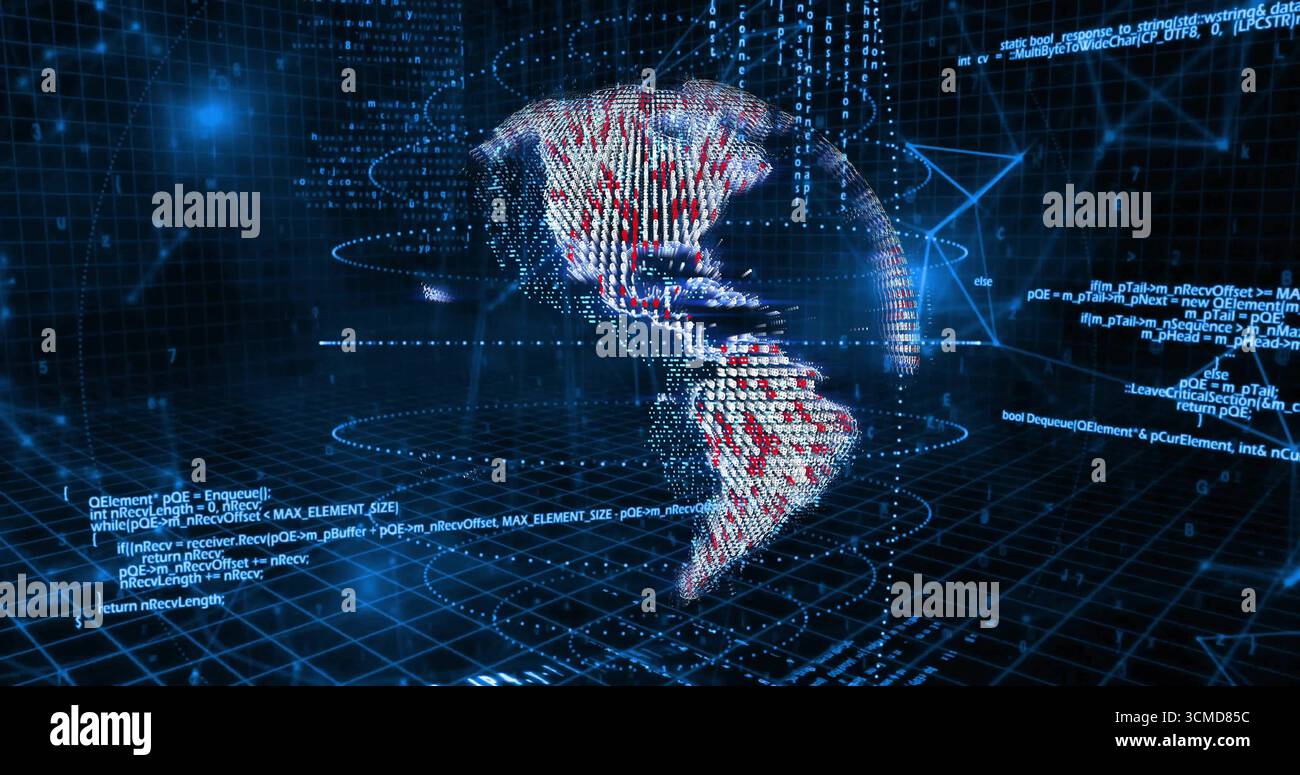 Floating holographic globe rotating above glowing grid with data points, streaming binary streams Stock Photo