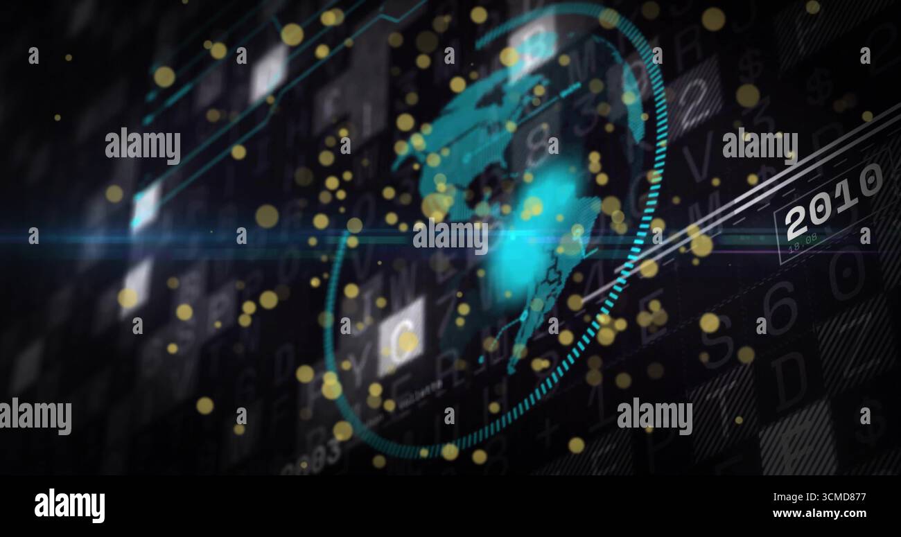 Displaying turquoise world map rotating within digital panel, segmented ring, gold dust, 2010 label Stock Photo