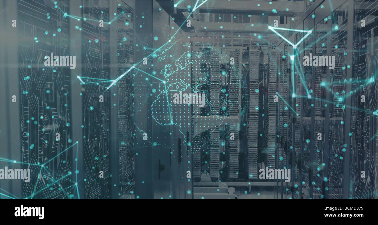 Displaying central server racks showing digital network overlay in data center, with data cables Stock Photo