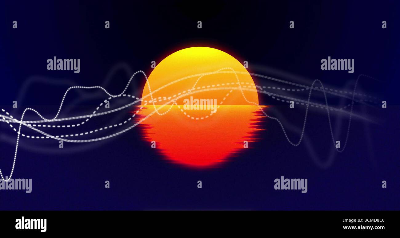 Glowing gradient orb casting yellow red glow in abstract space, with white dotted dashed waveforms Stock Photo