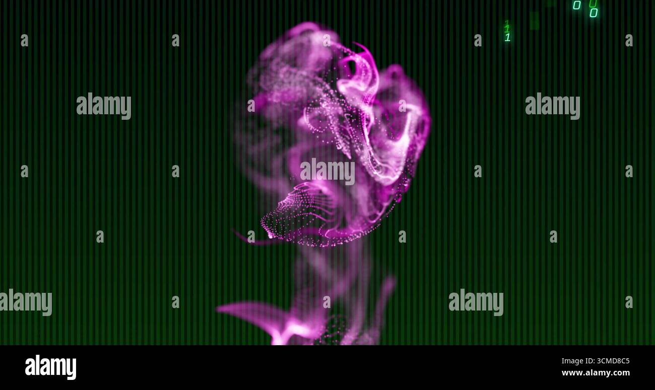 Swirling purple particle cloud floating in data display, with dot matrix and binary digits Stock Photo