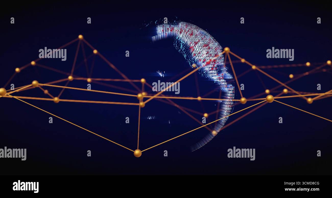Displaying network connecting golden nodes with thin lines in virtual space, with pixelated globe Stock Photo
