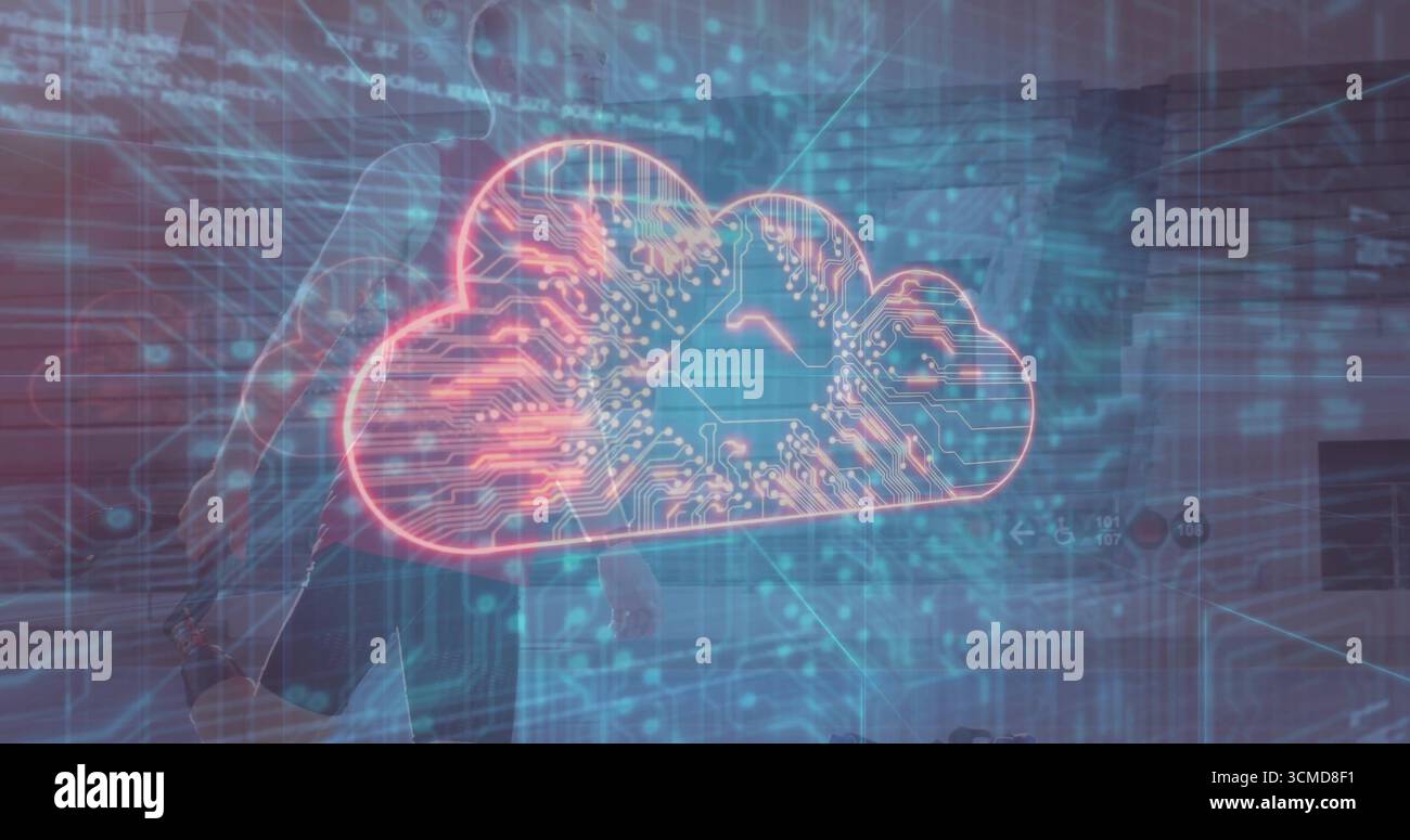 Floating red cloud icon showing circuit lines in virtual space with grid-lines, floating code Stock Photo