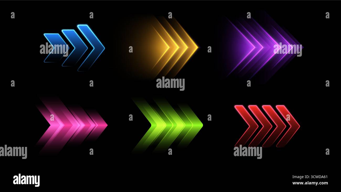 Glowing colorful arrows, dynamic glowing pointers, fast motion concept. Stock Vector