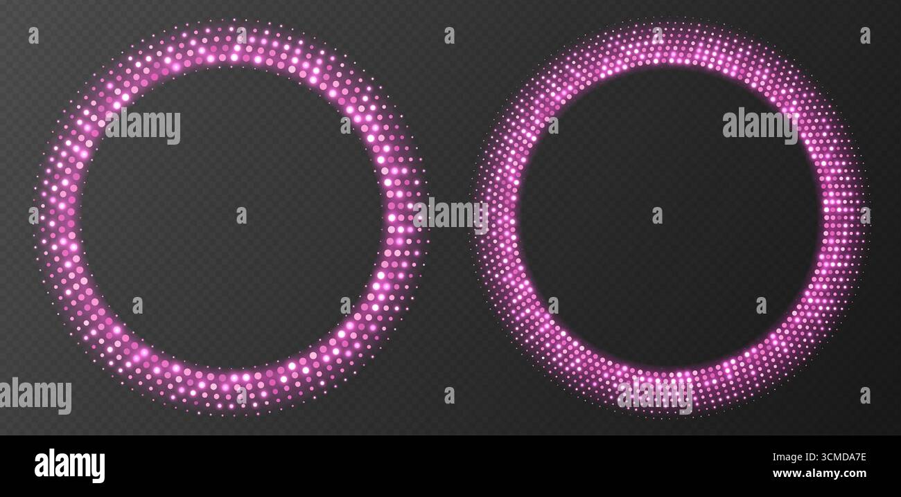 Pink halftone frames, glowing circle borders, round pattern with dots, radial disco luxury design element. Stock Vector