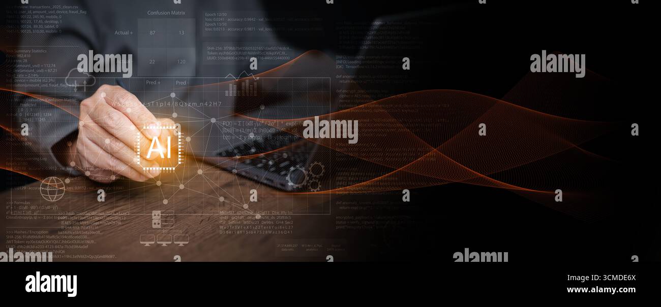 Futuristic AI technology concept with data science visualization, analytics, and digital transformation. Ideal for research, financial strategy, machi Stock Photo