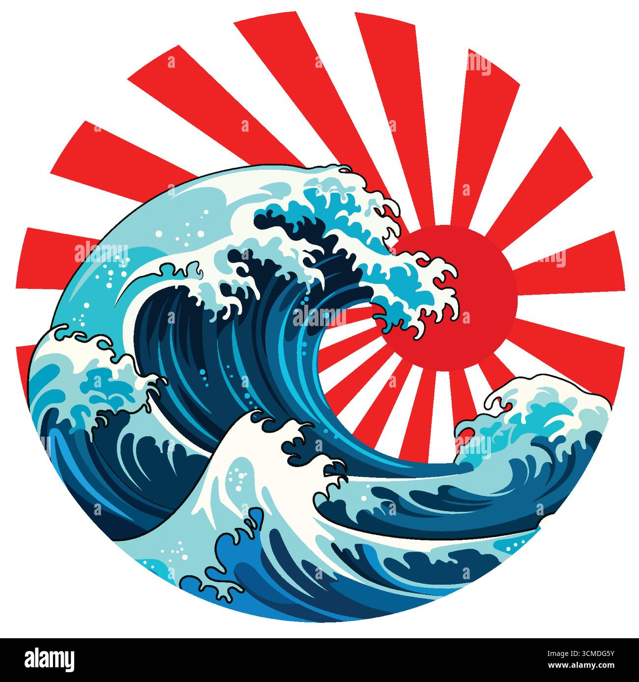 Wave Rising Drawing Bold stylized ocean wave with red rising sun rays, vibrant colors ...
