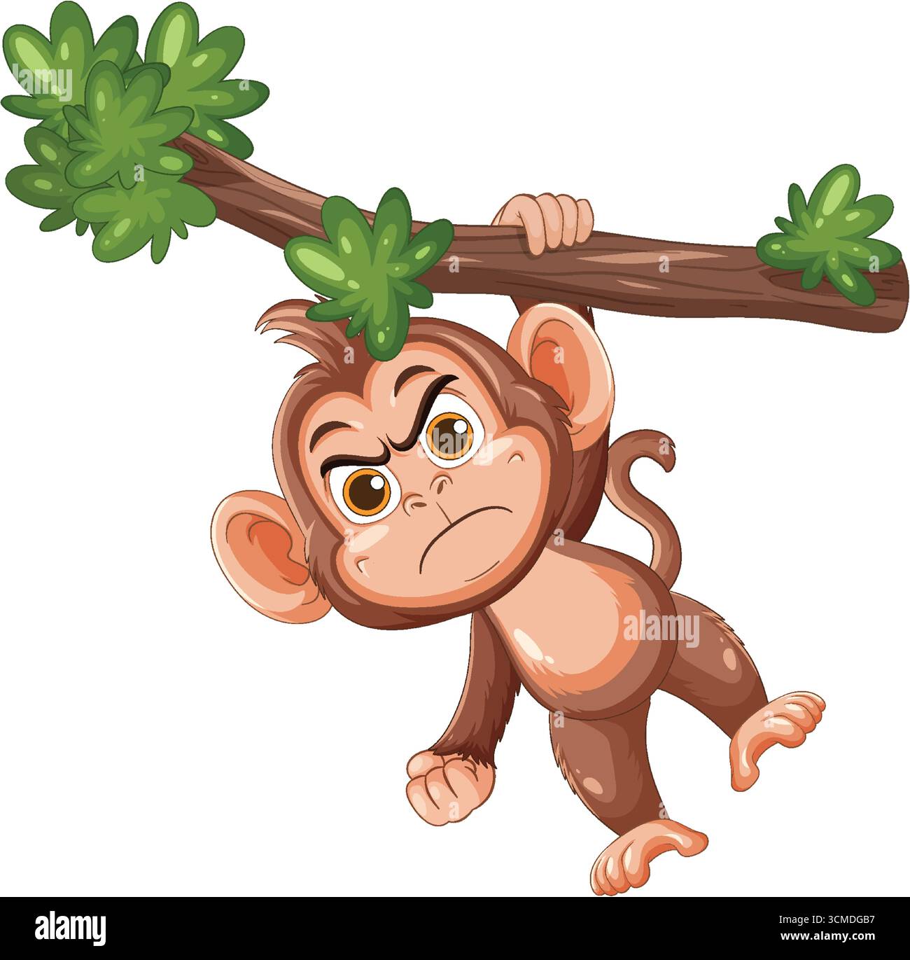 Colorful cartoon vector of a frowning monkey gripping a leafy branch, bold lines, isolated. Stock Vector