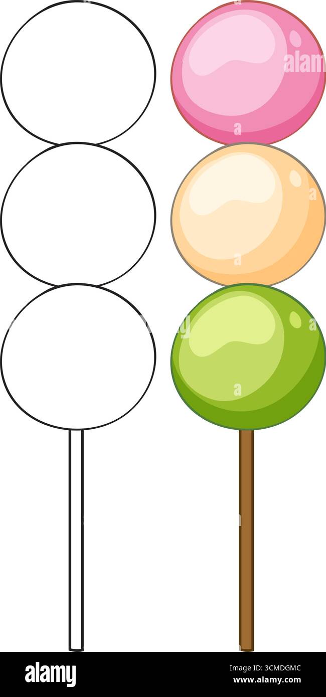 Three-color Japanese dango skewers, flat vector style, clean outlines, simple composition, white background Stock Vector