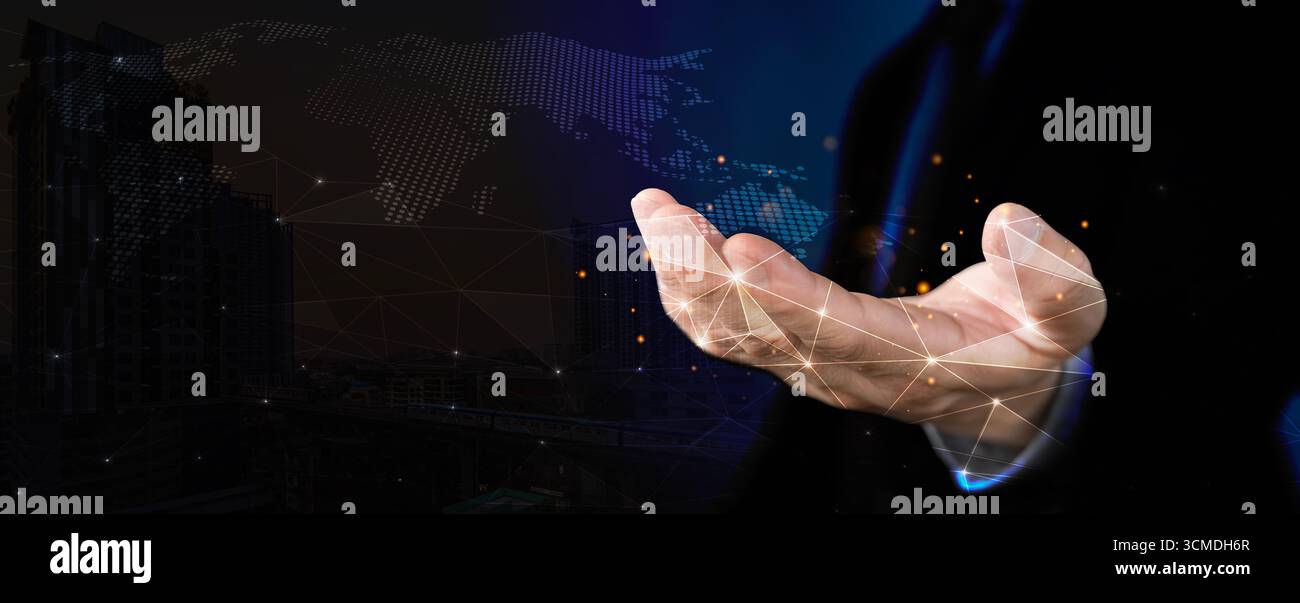 A businessman hand with digital network lines and glowing points, world map in background, symbolizing global technology, innovation, data connection, Stock Photo