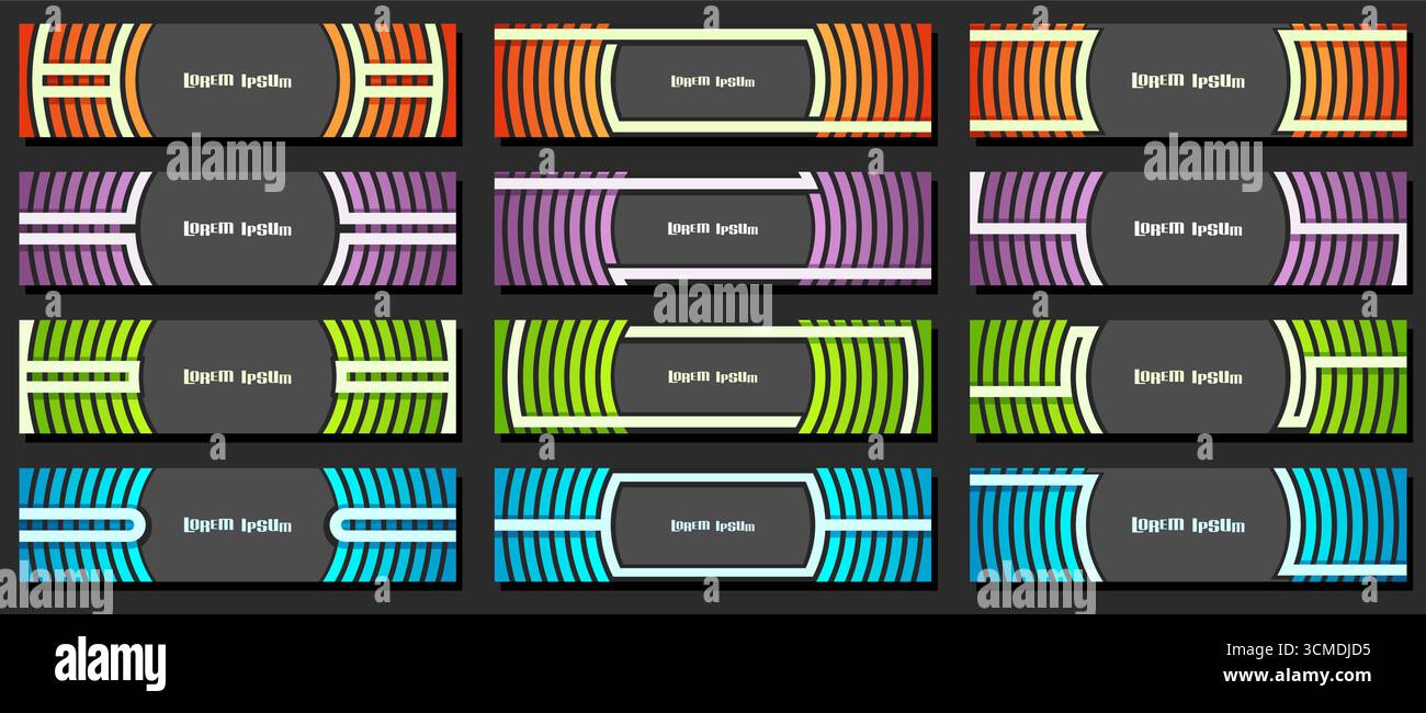 Vector set of Header Templates, 12 vivid variety colors headers with curve stripes on black background for ad text, twelve horizontal banners with for Stock Vector