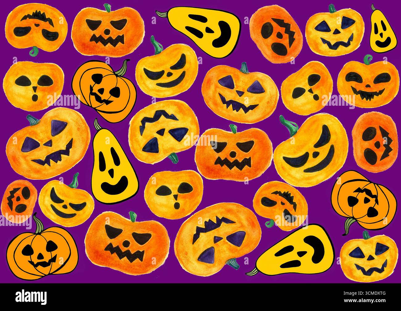 Set of Jack o lantern pumpkins. Stylized illustration. Randomly placed ...