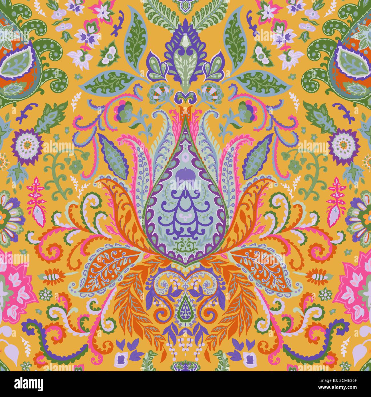 Yellow Ornamental Symmetrical Paisley Pattern Stock Vector