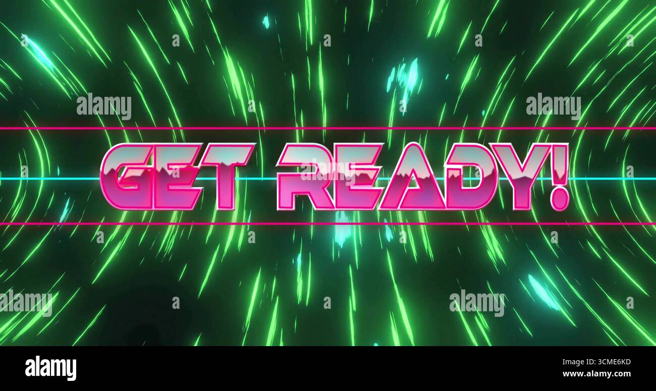 Displaying neon pink GET READY! text in neon digital space, with lines and green light streaks Stock Photo