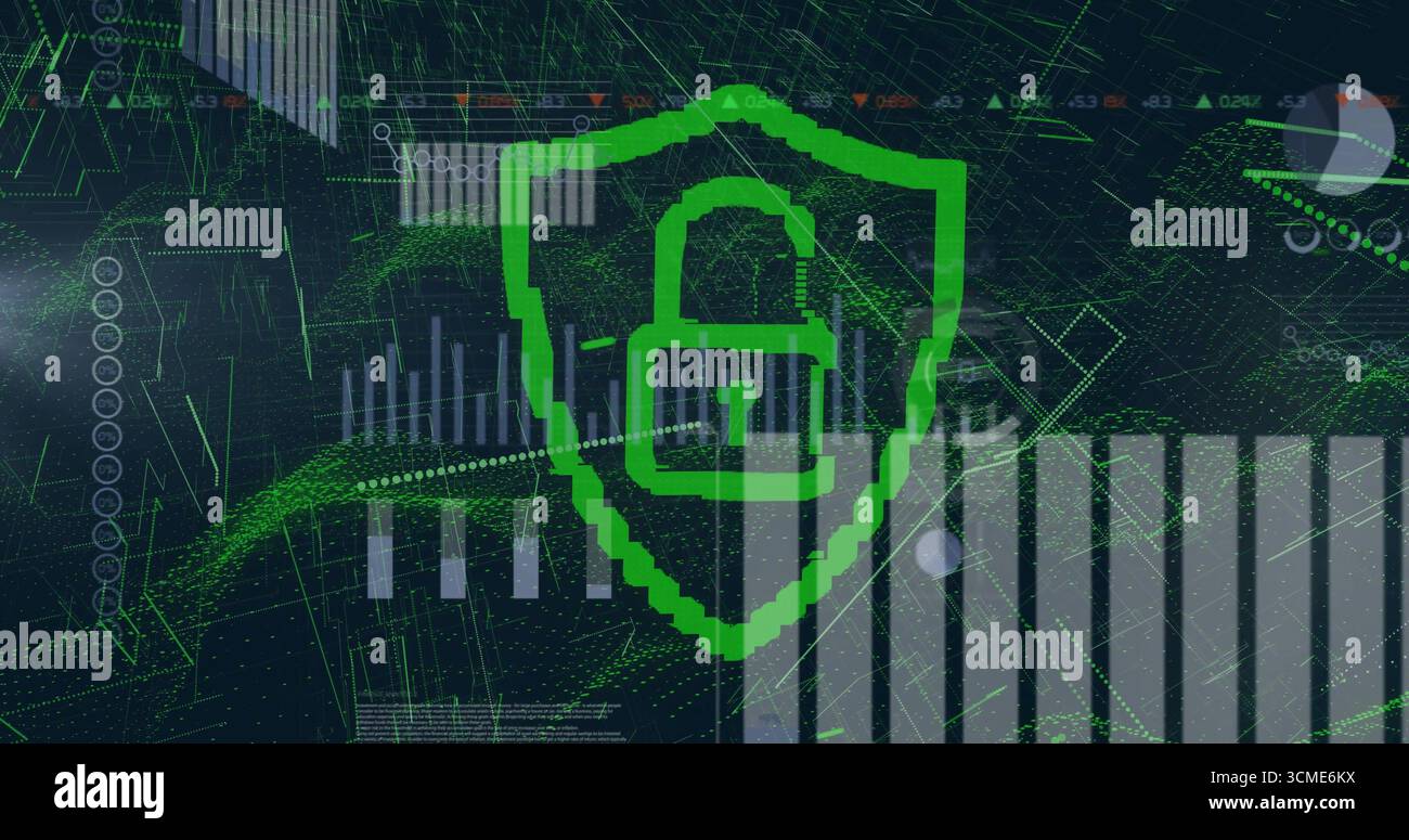 Floating green shield displaying padlock icon over dashboard, with bar ...