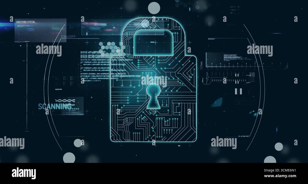 Projecting padlock icon scanning security interface with circuit honeycomb, SCANNING text overlay Stock Photo