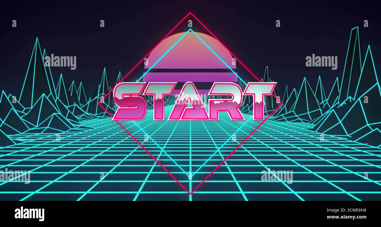 Showing bold pink START lettering hovering over virtual wireframe grid, with pastel sun and diamond Stock Photo