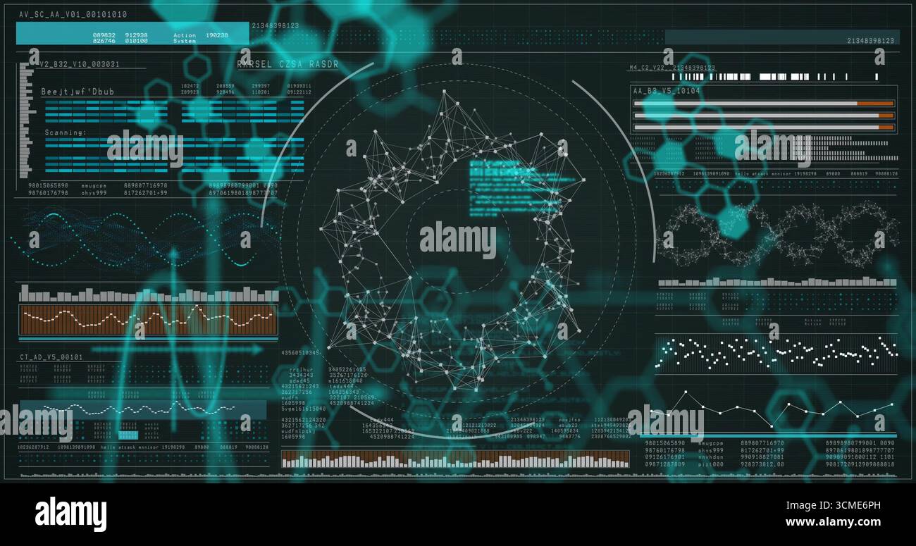 Displaying central node network on analytics dashboard, with teal hex patterns and bar charts Stock Photo