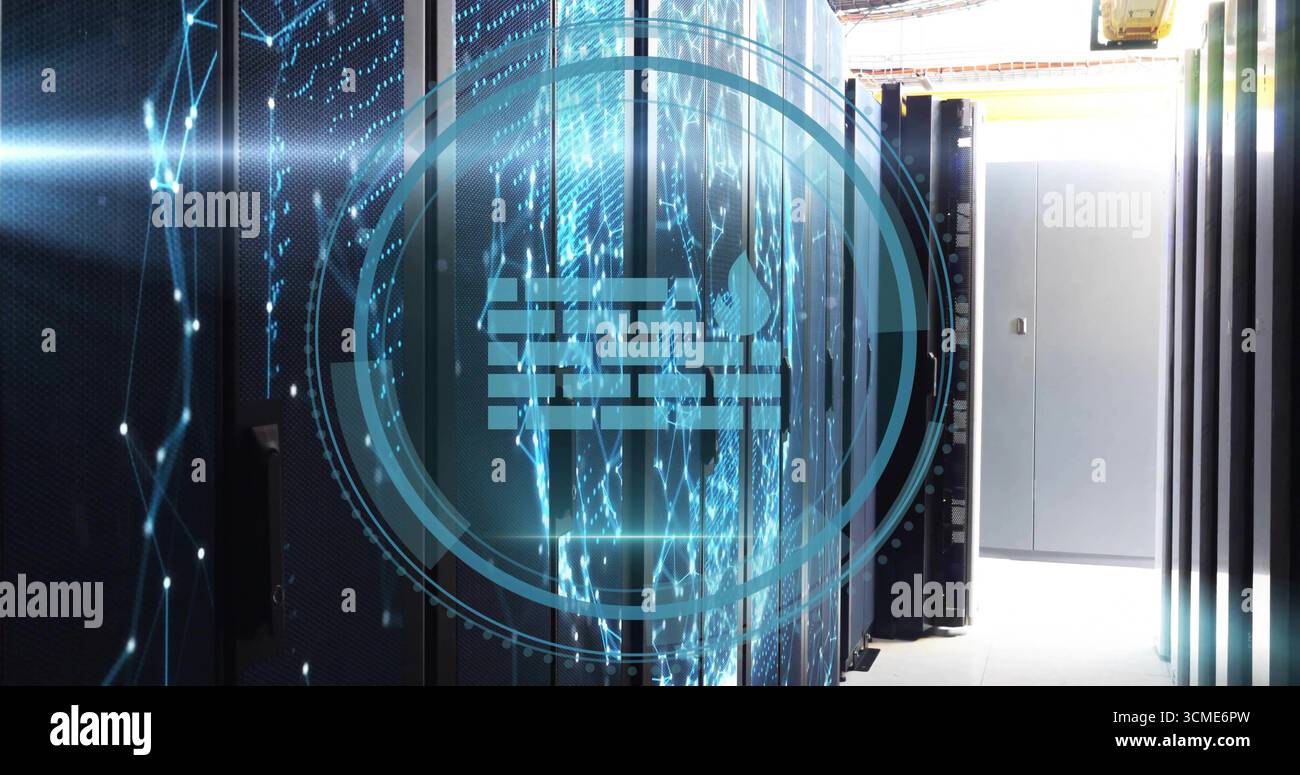 Showing server racks displaying network overlay in data center with switches, cables, floor panels Stock Photo