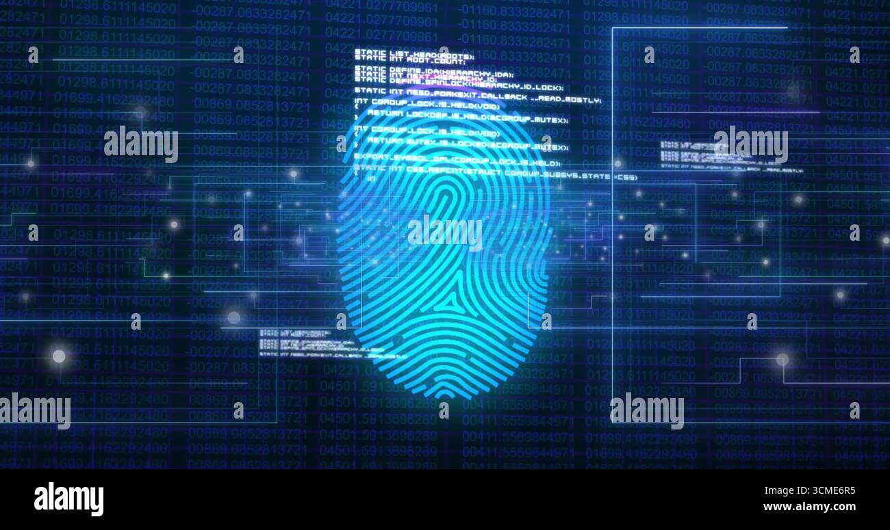 Displaying blue fingerprint graphic glowing over security dashboard, with code panels and data flow Stock Photo