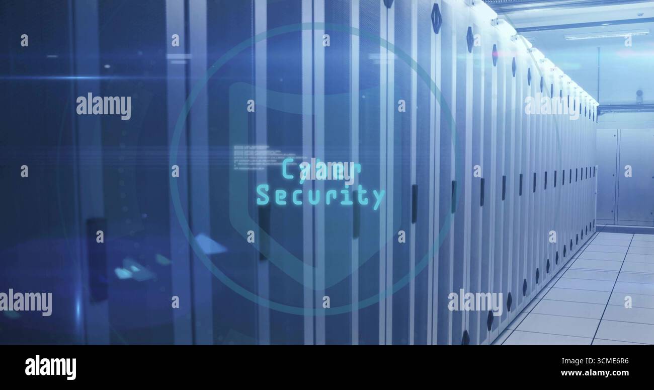 Lining white and gray server cabinets in data center corridor, displaying Cyber Security overlay Stock Photo