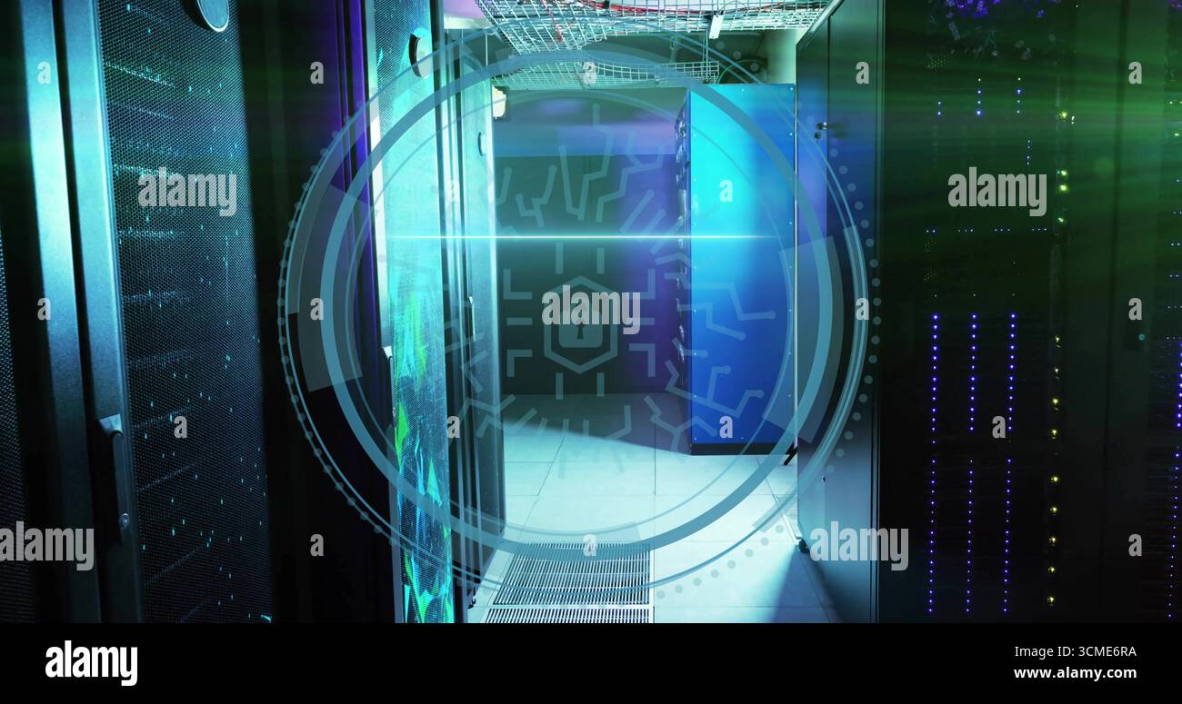 Holographic padlock icon and interface overlay illuminating data center corridor, with server racks Stock Photo