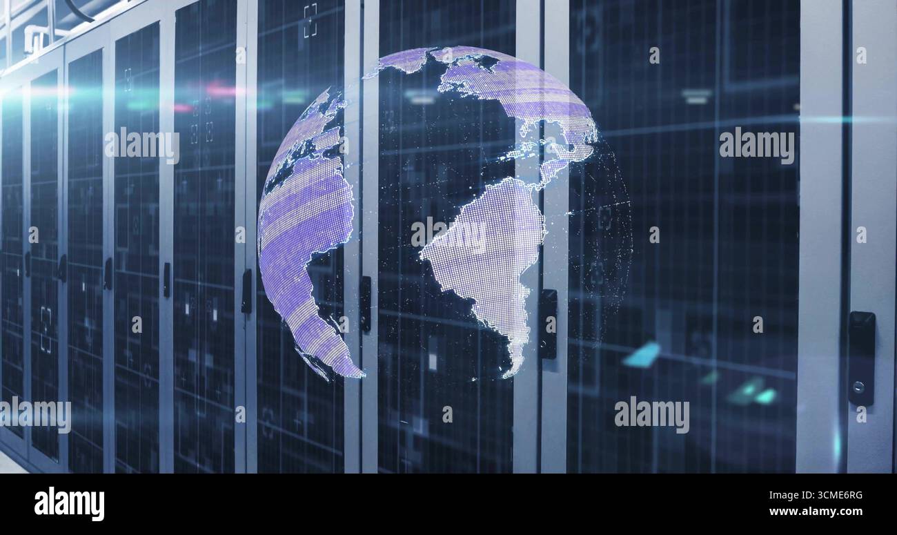 Projecting holographic globe floating above server racks inside data center, with status LEDs Stock Photo