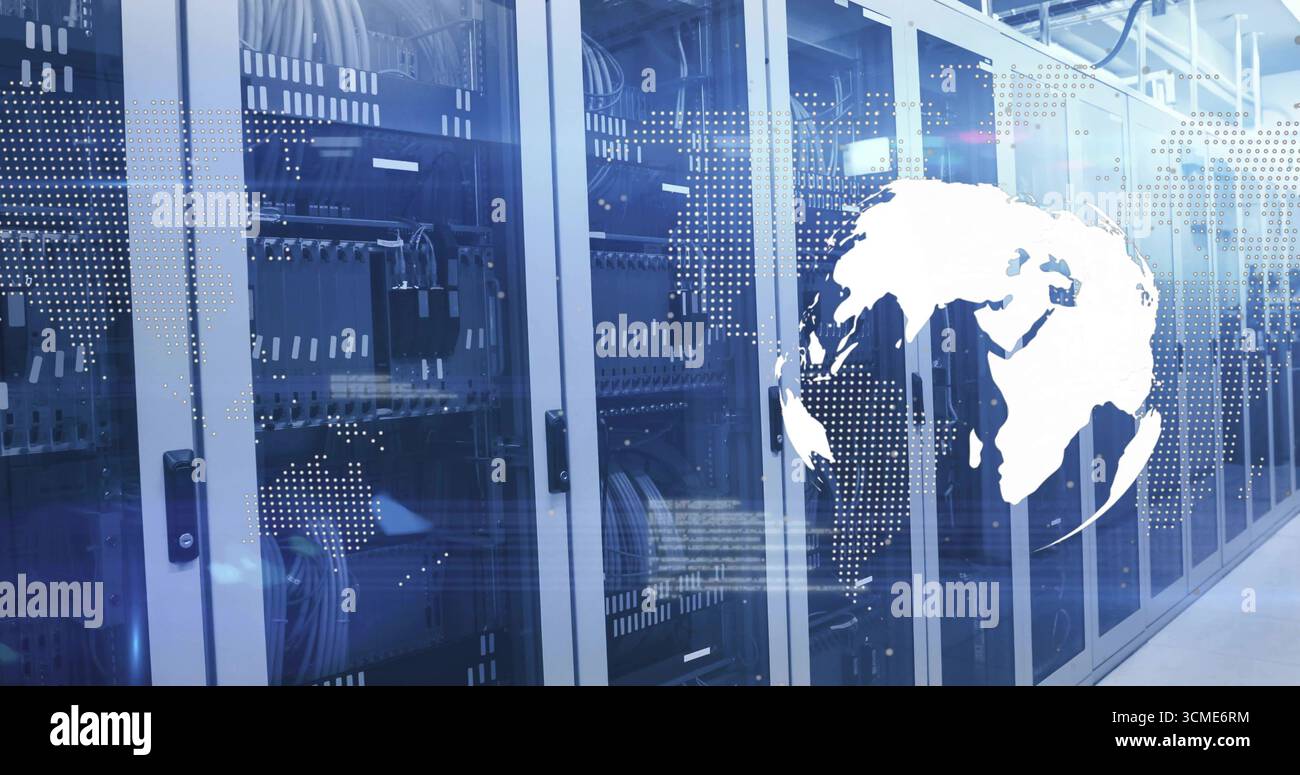 Displaying server racks projecting world map in data center corridor, with patch cables, LED lights Stock Photo