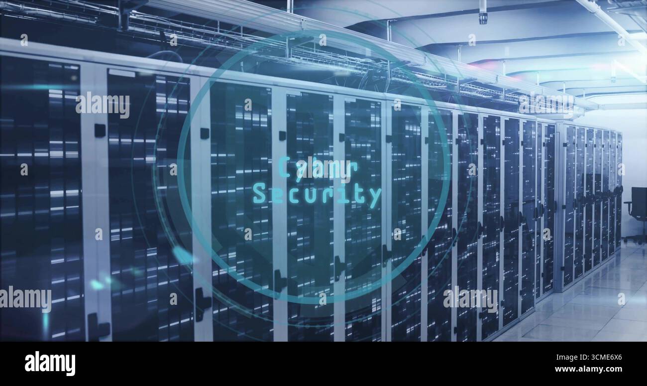 Operating server rack cabinets displaying blinking LEDs in data center aisle, cybersecurity overlay Stock Photo