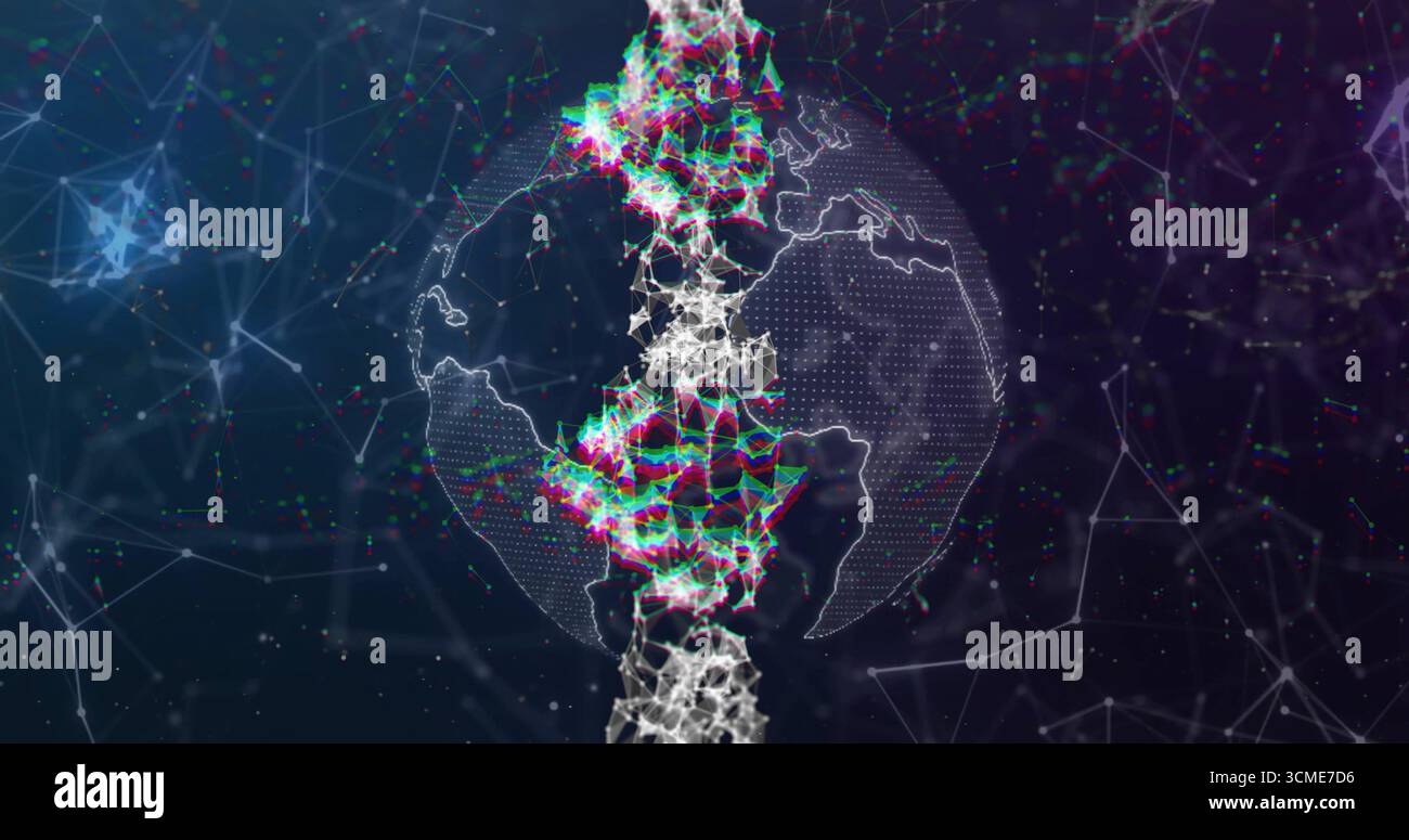 Glitching vertical column intersecting wireframe globe in data field, pulsing with RGB meshes Stock Photo