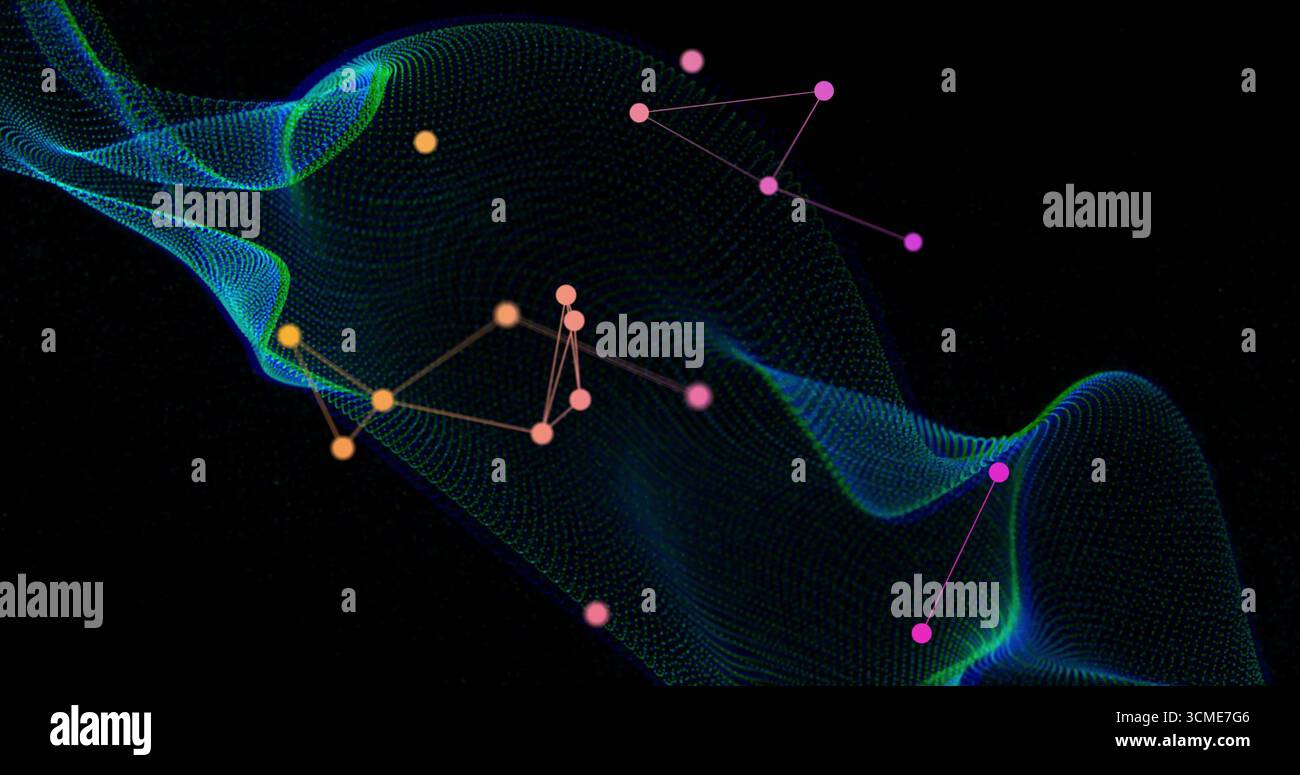 Flowing wave-like digital mesh animating data network, with connecting lines, colored node clusters Stock Photo