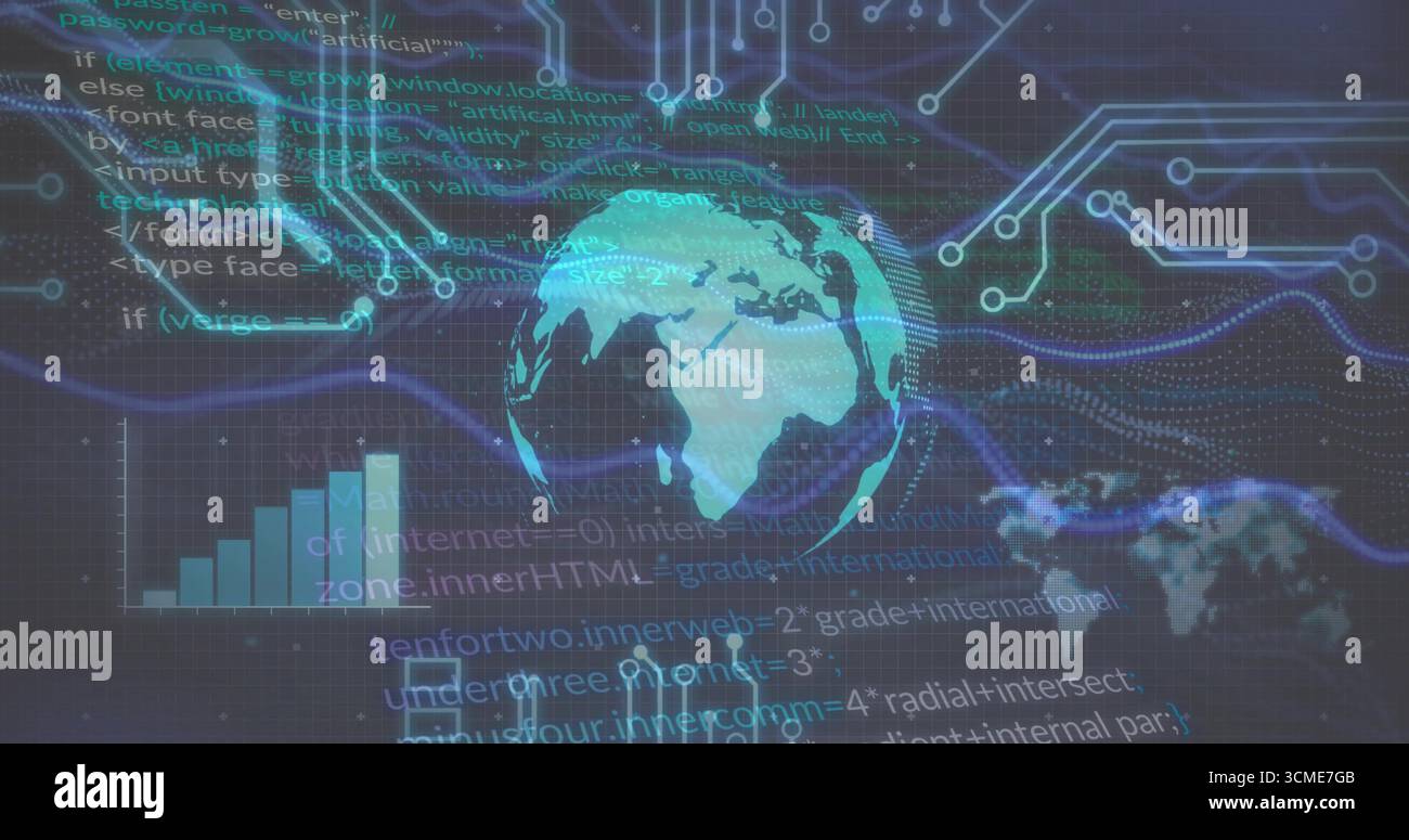 Semi-transparent 3D globe rotating on dark grid plane, with neon network lines, code and bar chart Stock Photo