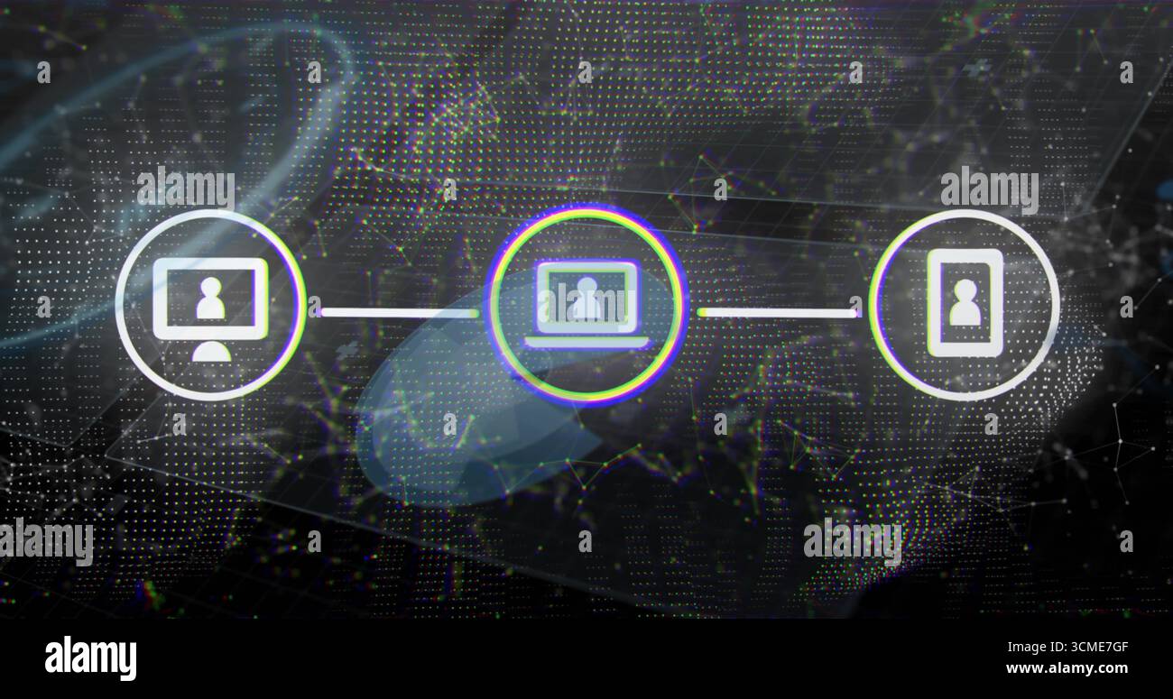 Displaying monitor, laptop, smartphone icons on digital network background with connecting lines Stock Photo