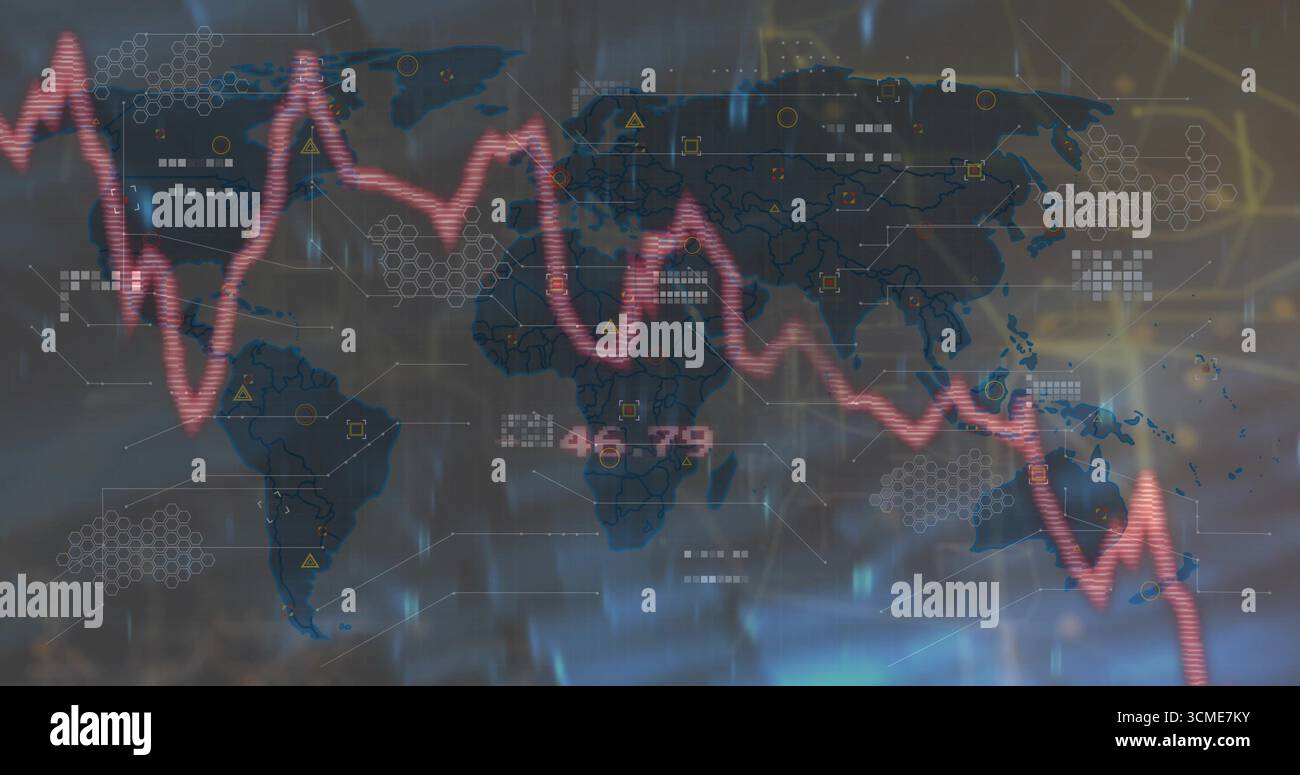 Displaying red line graph across world map with hex clusters on data dashboard, showing 46 Stock Photo
