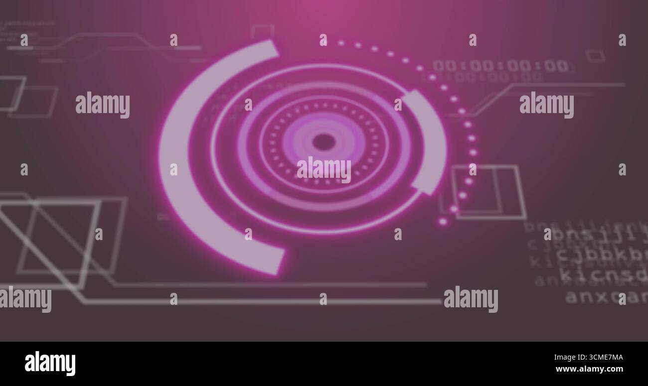 Animating central HUD interface in digital gradient environment with rings, modules and binary code Stock Photo
