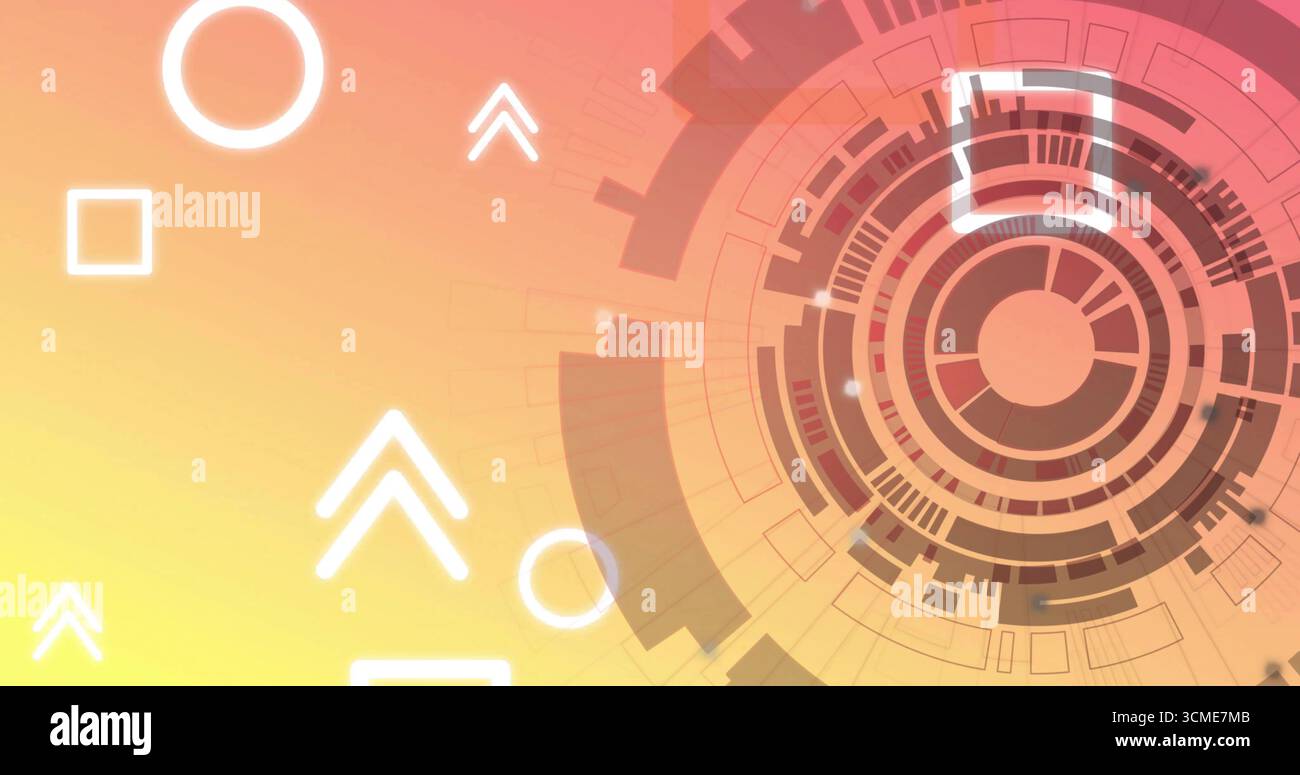 Concentric segmented interface rotating in warm gradient background, with white shapes, copy space Stock Photo