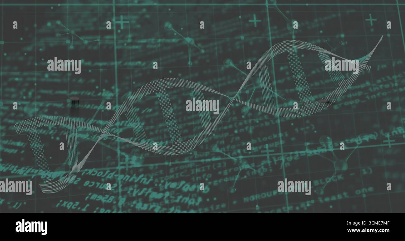 Displaying DNA helix undulating across data interface, with grid overlay, code streams and diagrams Stock Photo